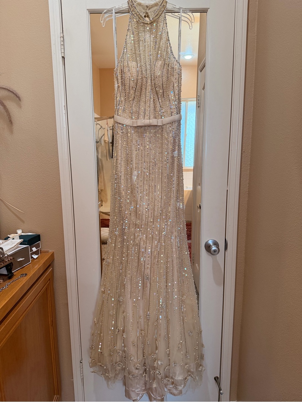 Sherri Hill Champagne Sequin Halter Prom Gown
